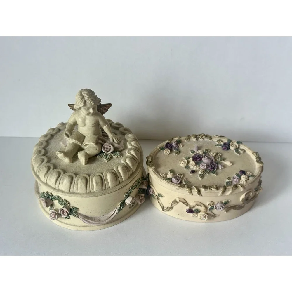 Vintage 1993 Dezine Trinket Boxes Hand Painted Angel Cherub Victorian Romantic